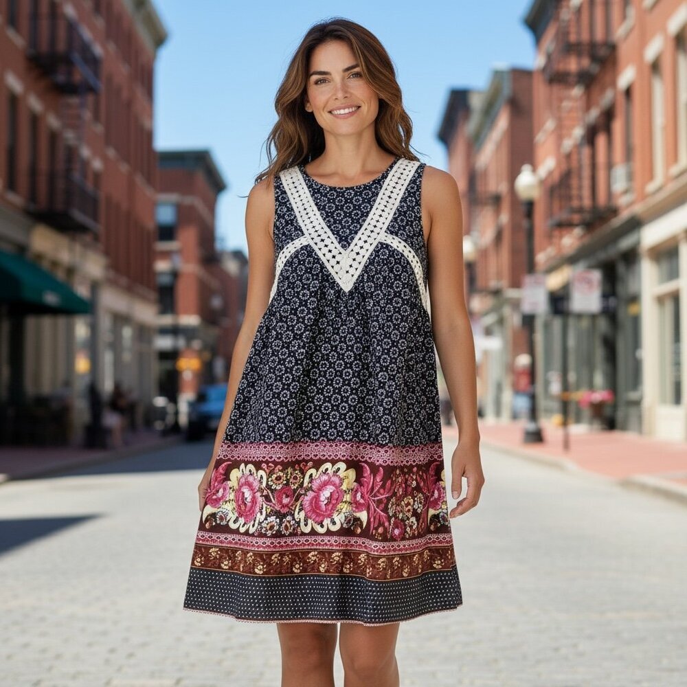 NWT ENTRO Embellished Shift Dress Lace Trim Mixed Pattern Sz S #192B